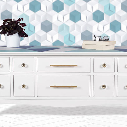 Vente avec paiement en ligne: Table basse blanche et bleue motifs géométriques