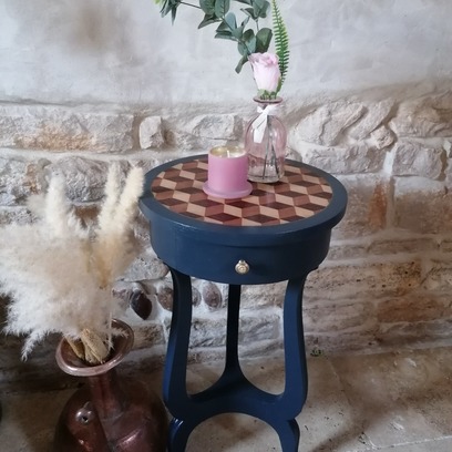 Vente avec paiement en ligne: Sellette bleue nuit avec marqueterie 