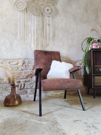 Fauteuil année 70's suédine imitation vieux cuir