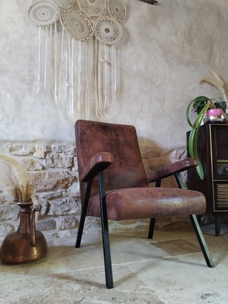 Fauteuil année 70's suédine imitation vieux cuir