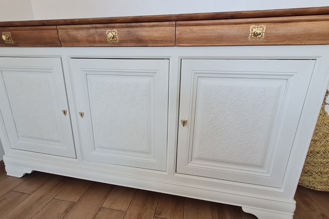 Buffet merisier 3 portes blanc, bois et doré