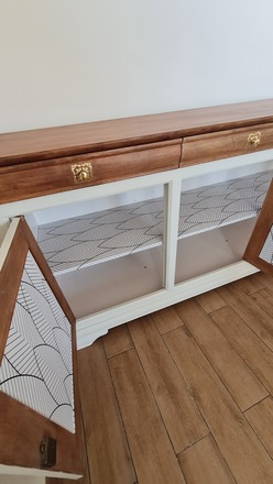 Buffet merisier 3 portes blanc, bois et doré