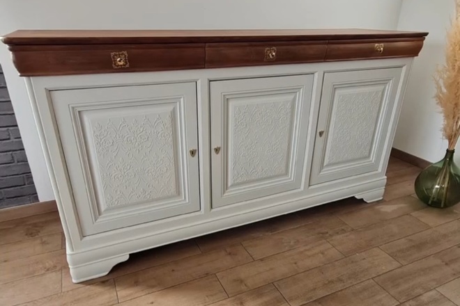 Buffet merisier 3 portes blanc, bois et doré