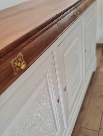 Buffet merisier 3 portes blanc, bois et doré