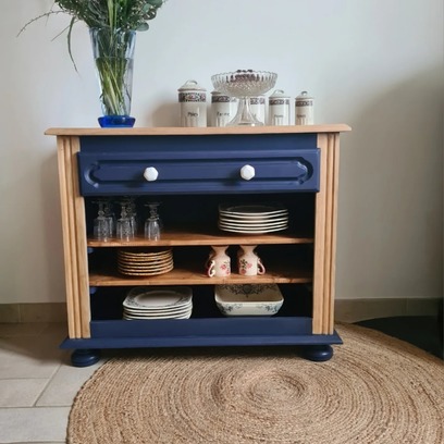 Vente avec paiement en ligne: Commode revisitée en buffet ouvert bleu de Sèvres et bois