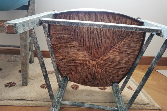 Lot de 2 fauteuils assise en paille relookés camaïeu de vert