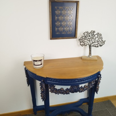 Vente avec paiement en ligne: Console ancienne demi lune bleu et bois