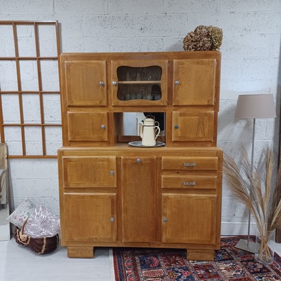 Vente avec paiement en ligne: Grand buffet mado 2 corps années 50 bois et blanc champ de lin