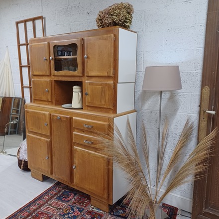 Grand buffet mado 2 corps années 50 bois et blanc champ de lin