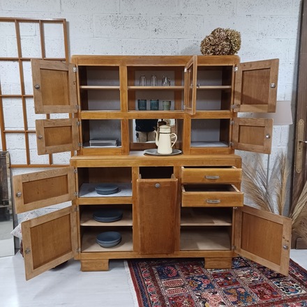 Grand buffet mado 2 corps années 50 bois et blanc champ de lin