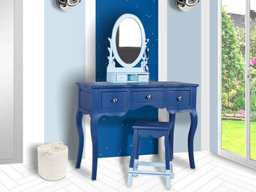 Vente avec paiement en ligne: Coiffeuse avec un miroir et son tabouret aux tons bleu