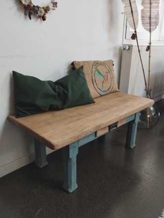 Table basse ou petit Banc Vintage en bois massif bleu turquoise