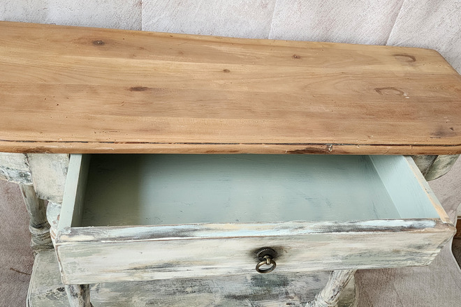 Console et miroir patiné blanc pour entrée