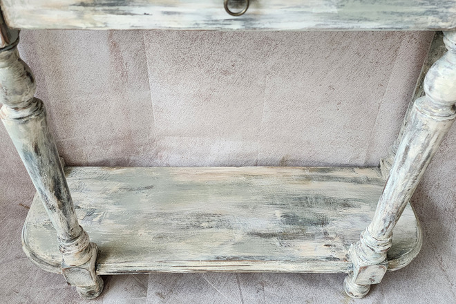Console et miroir patiné blanc pour entrée