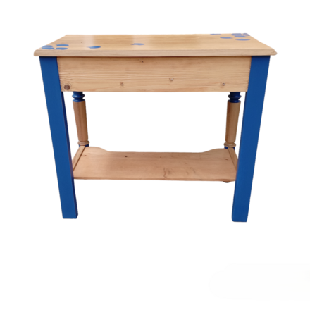 Console bois poétique relookée aux motifs bleu intense