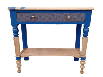 Vente avec paiement en ligne: Console bois poétique relookée aux motifs bleu intense