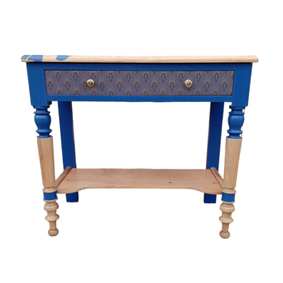 Vente avec paiement en ligne: Console bois poétique relookée aux motifs bleu intense