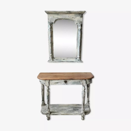 Console et miroir patiné blanc pour entrée