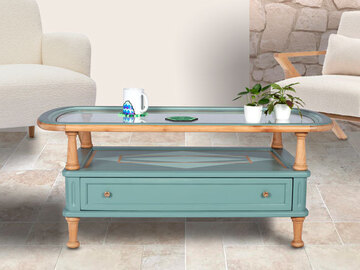 Vente avec paiement en ligne: Table basse vert Agave et Céladon, plateau en verre