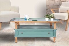 Vente avec paiement en ligne: Table basse vert Agave et Céladon, plateau en verre