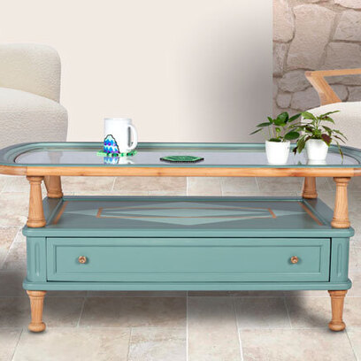 Vente avec paiement en ligne: Table basse vert Agave et Céladon, plateau en verre
