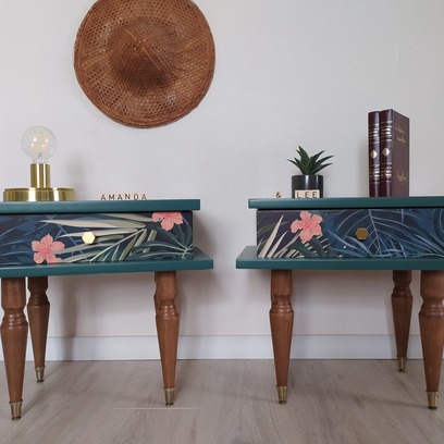 Vente avec paiement en ligne: Paire de chevets vintage, tropical et vertigo, "Amanda et Lee"