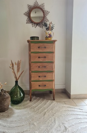 Chiffonnier 5 tiroirs vert herbarium et bois brut