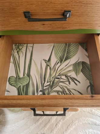 Chiffonnier 5 tiroirs vert herbarium et bois brut