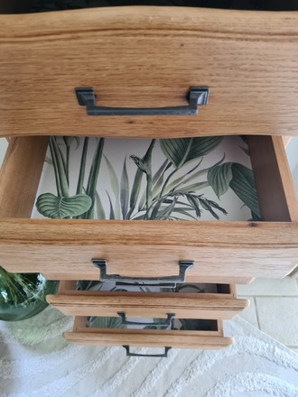 Chiffonnier 5 tiroirs vert herbarium et bois brut