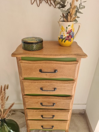 Chiffonnier 5 tiroirs vert herbarium et bois brut