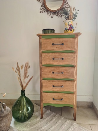Chiffonnier 5 tiroirs vert herbarium et bois brut