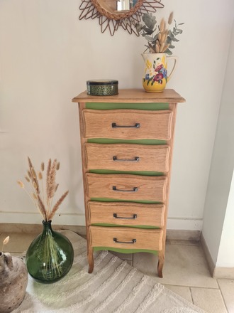 Chiffonnier 5 tiroirs vert herbarium et bois brut