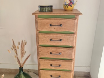 Vente avec paiement en ligne: Chiffonnier 5 tiroirs vert herbarium et bois brut