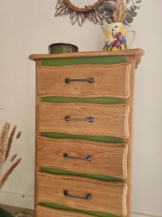 Chiffonnier 5 tiroirs vert herbarium et bois brut