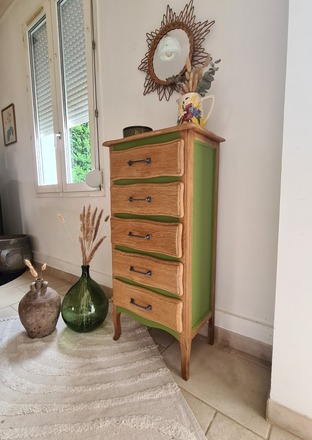 Chiffonnier 5 tiroirs vert herbarium et bois brut