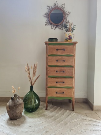 Chiffonnier 5 tiroirs vert herbarium et bois brut