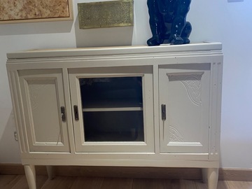 Vente avec paiement en ligne: Petit buffet art déco lin et détails en laiton