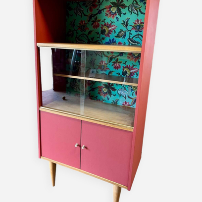 Vente avec paiement en ligne: Bibliothèque vitrine vintage fleurie et rouge brique