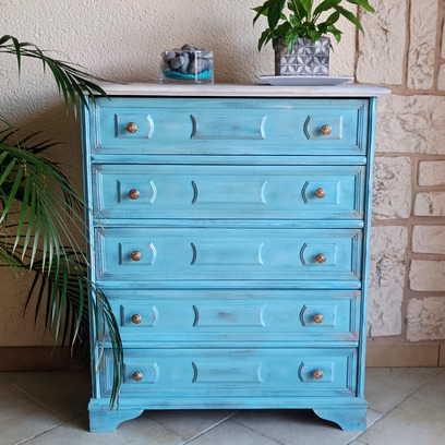 Vente avec paiement en ligne: Commode 5 tiroirs bleu curaçao patinée et reflets Or.
