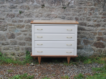 Vente avec paiement en ligne: Commode vintage style scandinave bois et blanc cassé