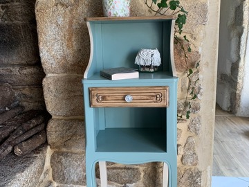 Vente avec paiement en ligne: Meuble d'appoint d'entrée vert sauge et beige raphia