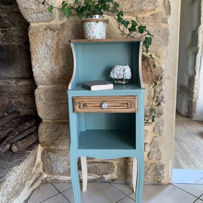 Vente avec paiement en ligne: Meuble d'appoint d'entrée vert sauge et beige raphia