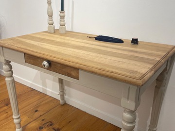 Vente avec paiement en ligne: Bureau ou table d'appoint bois et lin avec tiroir