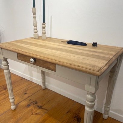 Vente avec paiement en ligne: Bureau ou table d'appoint bois et lin avec tiroir