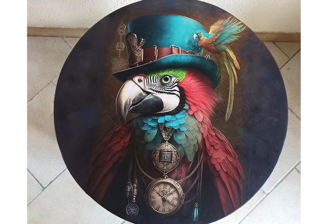 Guéridon/console ronde colorée et Perroquet steampunk