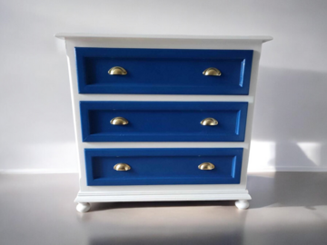 Vente avec paiement en ligne: Commode 3 tiroirs restaurée lin et bleu vitrail