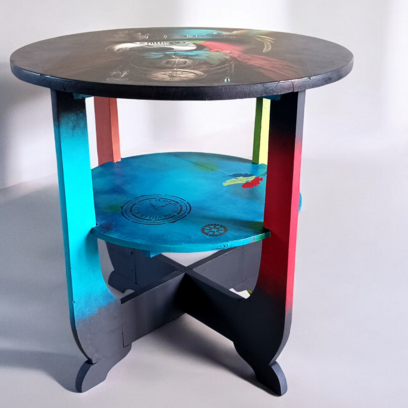 Vente avec paiement en ligne: Guéridon/console ronde colorée et Perroquet steampunk