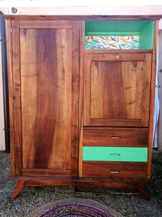 Armoire penderie et secrétaire vintage bois et vert émeraude 