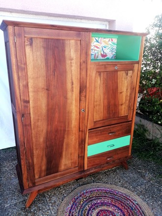 Armoire penderie et secrétaire vintage bois et vert émeraude 