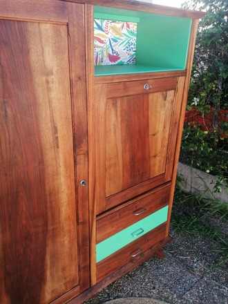 Armoire penderie et secrétaire vintage bois et vert émeraude 